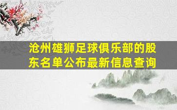 沧州雄狮足球俱乐部的股东名单公布最新信息查询